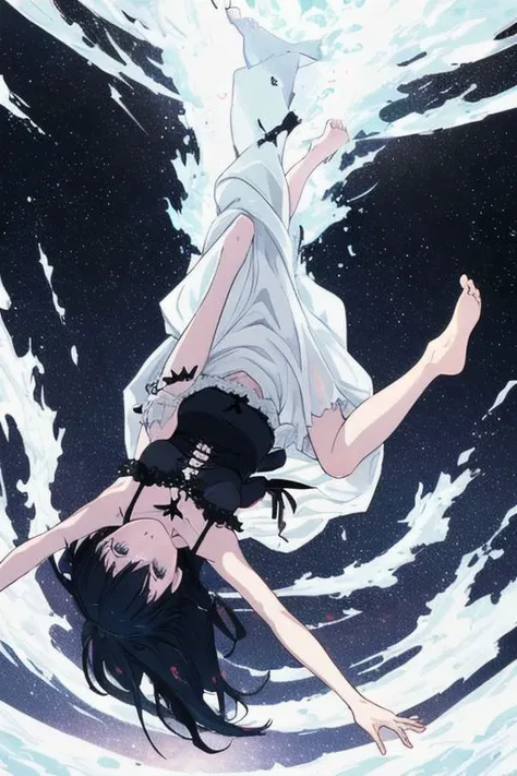 falling, a top view of a goth girl wearing a black nightgown falling into a white limbo with one arm stretched upwards, barefoots,