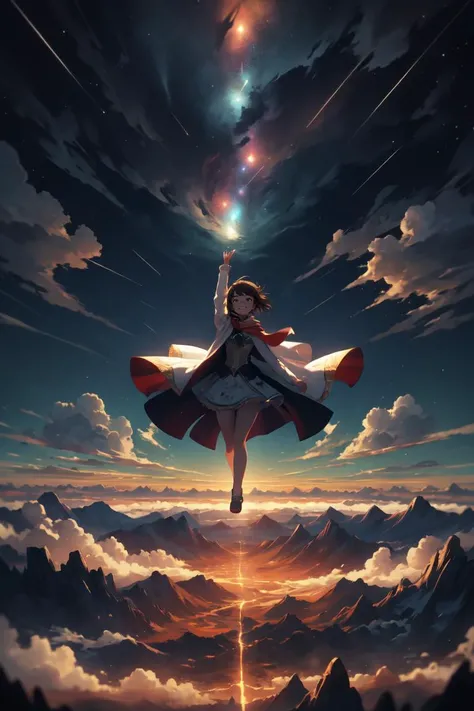 (best quality, ultra detailed, beautiful), fantastic, fantasy, intricate abstract, magical, 1girl, solo, falling, <lora:falling-wasabiya:0.8>, smile, overlooking, town above, spread arms, high altitude, cloud, star, cape, <lora:Diamond_Meteor_Shower:0.3>