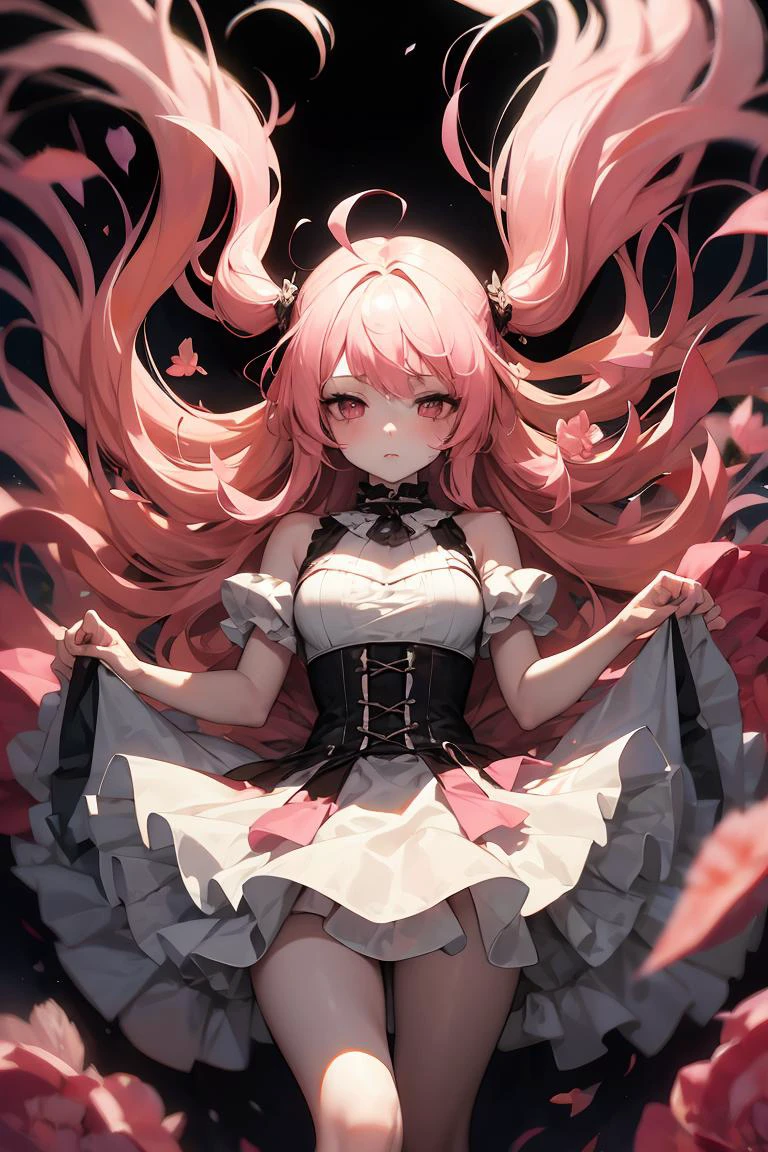 (masterpiece, best quality), 1girl, pink hair, frilled dress, <lora:falling-wasabiya:1> falling