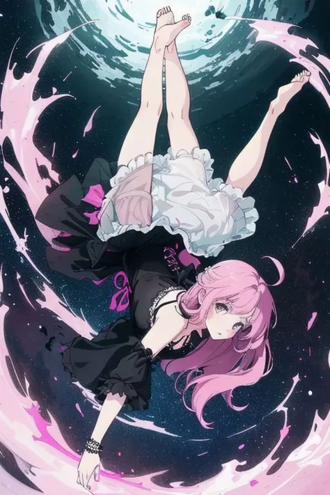 falling, a goth girl wearing a black nightgown falling into a white limbo with one arm stretched upwards, barefoots, pink long giar, flowing hair,