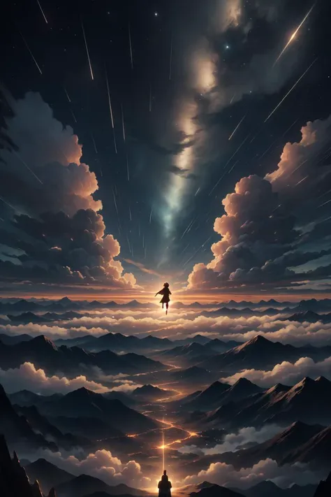 (best quality, ultra detailed, beautiful), fantastic, fantasy, intricate abstract, magical, 1girl, solo, falling, <lora:falling-wasabiya:0.8>, smile, overlooking, town above, spread arms, high altitude, horizon, cloud, star, wide sleeves, <lora:Diamond_Meteor_Shower:0.5>