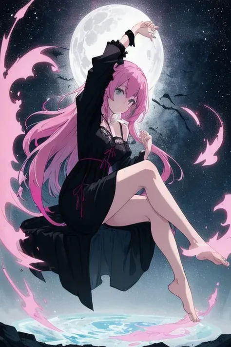 falling, a goth girl wearing a black nightgown falling into a white limbo with one arm stretched upwards, barefoots, pink long giar, flowing hair,