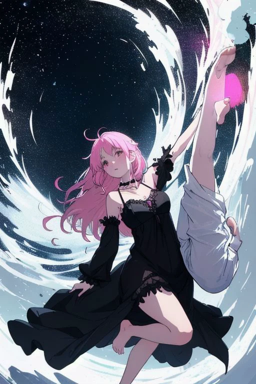falling, a goth girl wearing a black nightgown falling into a white limbo with one arm stretched upwards, barefoots, pink long giar, flowing hair,