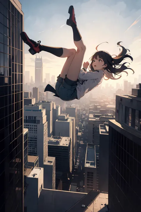 masterpiece,highres,best quality,1girl,solo,<lora:falling-wasabiya:1>,falling,cityscape,building,full body,long sleeves,shorts,shoes,