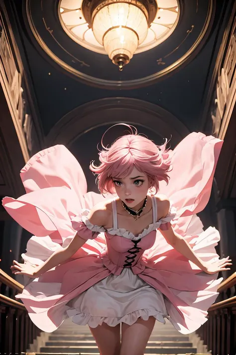 (masterpiece, best quality), 1girl,  pink hair, frilled dress,  <lora:falling-wasabiya:1> falling