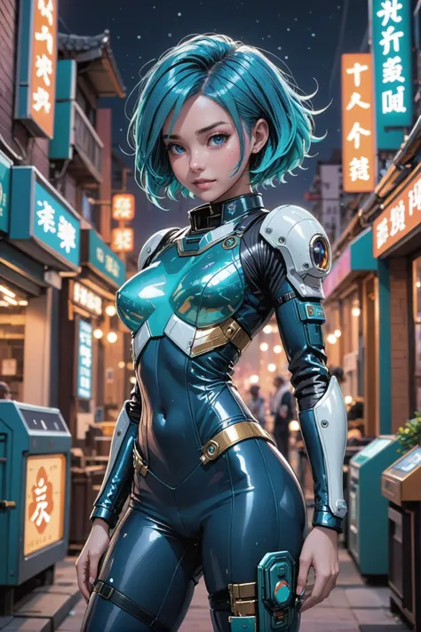 photograph, cinematic lighting, 1girl, woman, scifi, crystalcore,solarpunk,nanopunk, astronaut, full body, wearing skin-tight iridescent color:cadetblue uniform, bombshell hair, matte color:mediumturquoise metal hair, Pulled Back Bob, average figure, chinese, cheerful fantasy town at the beginning of reality<lora:EnvyBetterHiresFixXL01:0:hr=1>