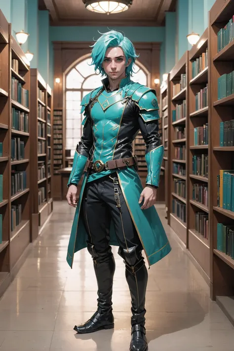 (full body:1.2), 1boy, man, handsome, solo, [:creative costume design,:0.2] rogue, caucasian, mediumturquoise hair, (average:1) build, brightly lit interior, in a Dry library<lora:EnvyBetterHiresFixXL01:0:hr=1>