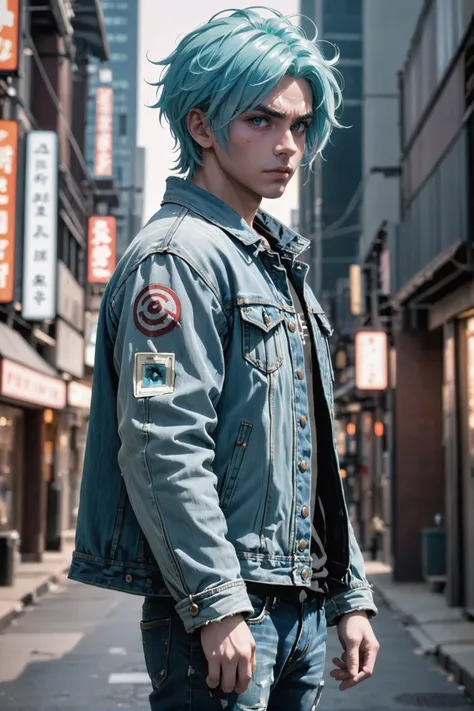 photograph, cinematic lighting, (full body:1.2), 1boy, man, handsome, solo, [:epic costume design,:0.2] berserker, denim jacket, caucasian, mediumaquamarine hair, (solid:1.2) build, ghostly,Elusive scifi metropolis at the beginning of reality<lora:EnvyBetterHiresFixXL01:0:hr=1>