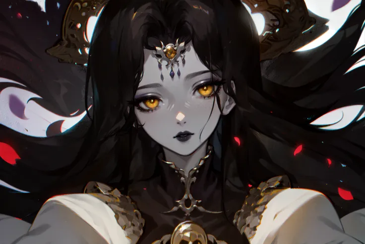 <lora:Endsinger_FFXIV:0.7> Endsinger, (masterpiece, best quality, ultra-detailed, highres), perfect face, sidelighting, lustrous skin,(bloom), (shine), lighting, ray tracing, sci-fi,1girl, black lips, wings, head wings, solo, black hair, long hair, purple lips, feathered wings, looking at viewer, colored skin, white skin, portrait, skull, multiple wings, yellow eyes, hair intakes, pale skin, makeup, headpiece, depth_of_field,very detailed background, highly detailed background, Masterpiece, Ultra detailed, great composition,Dynamic angle,extremely delicate and beautiful,(Highest picture quality), (Master's work), depth of field, solo, extreme light and shadow, masterpiece, rich in detail, (fine features), (highest quality), (masterpiece), (detailed eyes), (beautiful) detailed,beautiful detailed eyes,(straight-on), upper body, cyberpunk:1, flower petals falling, (extremely detailed CG unity 8k wallpaper),(masterpiece), (best quality), (ultra-detailed), (best illustration),(best shadow),perfect lighting , perfect anatomy , vivid colors, (masterpiece),