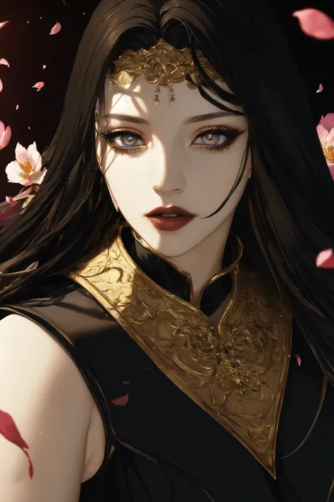 <lora:Endsinger_FFXIV:0.7> Endsinger, (masterpiece, best quality, ultra-detailed, highres), perfect face, sidelighting, lustrous skin,(bloom), (shine), lighting, ray tracing, sci-fi,black hair, long hair, lipstick, makeup, pale skin, 1boy, multiple girls, dress, colored skin, 1girl, staff, 2girls, looking at viewer, very long hair, depth_of_field,very detailed background, highly detailed background, Masterpiece, Ultra detailed, great composition,Dynamic angle,extremely delicate and beautiful,(Highest picture quality), (Master's work), depth of field, solo, extreme light and shadow, masterpiece, rich in detail, (fine features), (highest quality), (masterpiece), (detailed eyes), (beautiful) detailed,beautiful detailed eyes,(straight-on), upper body, cyberpunk:1, flower petals falling, (extremely detailed CG unity 8k wallpaper),(masterpiece), (best quality), (ultra-detailed), (best illustration),(best shadow),perfect lighting , perfect anatomy , vivid colors, (masterpiece),