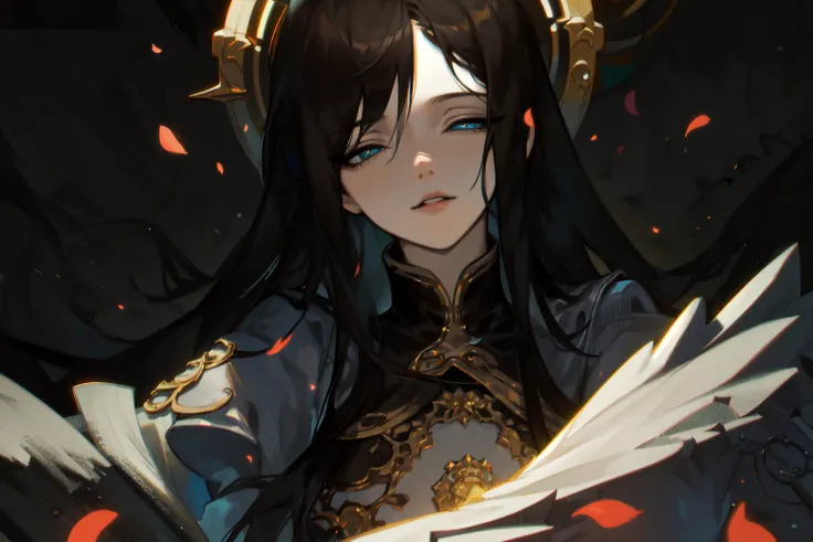 <lora:Endsinger_FFXIV:0.7> Endsinger, (masterpiece, best quality, ultra-detailed, highres), perfect face, sidelighting, lustrous skin,(bloom), (shine), lighting, ray tracing, sci-fi,wings, long hair, 1girl, black hair, solo, closed eyes, angel, angel wings, feathered wings, very long hair, star \(sky\), multiple wings, halo, depth_of_field,very detailed background, highly detailed background, Masterpiece, Ultra detailed, great composition,Dynamic angle,extremely delicate and beautiful,(Highest picture quality), (Master's work),   depth of field, solo, extreme light and shadow, masterpiece, rich in detail, (fine features), (highest quality), (masterpiece), (detailed eyes), (beautiful) detailed,beautiful detailed eyes,(straight-on), upper body, cyberpunk:1, flower petals falling, (extremely detailed CG unity 8k wallpaper),(masterpiece), (best quality), (ultra-detailed), (best illustration),(best shadow),perfect lighting , perfect anatomy , vivid colors,  (masterpiece),