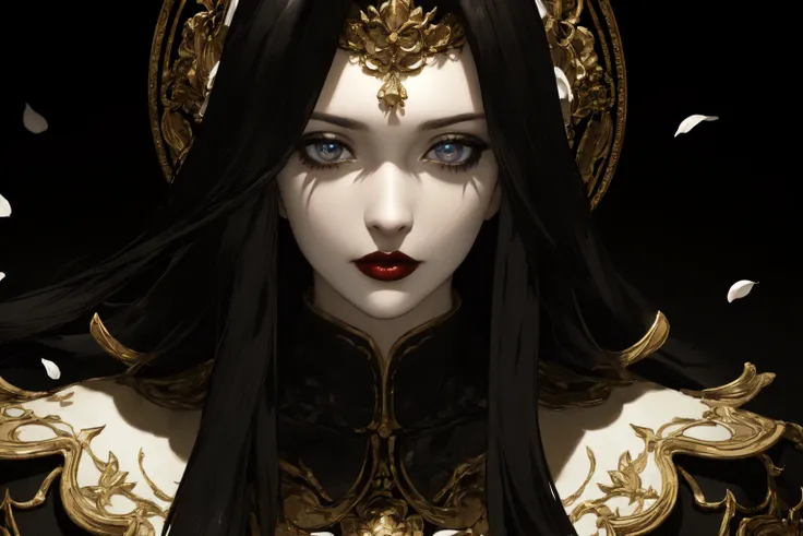 <lora:Endsinger_FFXIV:0.7> Endsinger, (masterpiece, best quality, ultra-detailed, highres), perfect face, sidelighting, lustrous skin,(bloom), (shine), lighting, ray tracing, sci-fi,black hair, long hair, lipstick, makeup, pale skin, 1boy, multiple girls, dress, colored skin, 1girl, staff, 2girls, looking at viewer, very long hair, depth_of_field,very detailed background, highly detailed background, Masterpiece, Ultra detailed, great composition,Dynamic angle,extremely delicate and beautiful,(Highest picture quality), (Master's work), depth of field, solo, extreme light and shadow, masterpiece, rich in detail, (fine features), (highest quality), (masterpiece), (detailed eyes), (beautiful) detailed,beautiful detailed eyes,(straight-on), upper body, cyberpunk:1, flower petals falling, (extremely detailed CG unity 8k wallpaper),(masterpiece), (best quality), (ultra-detailed), (best illustration),(best shadow),perfect lighting , perfect anatomy , vivid colors, (masterpiece),
