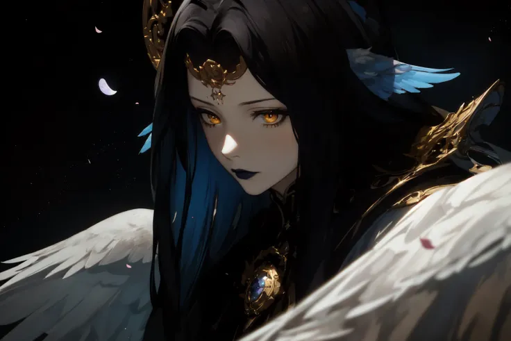 <lora:Endsinger_FFXIV:0.7> Endsinger, (masterpiece, best quality, ultra-detailed, highres), perfect face, sidelighting, lustrous skin,(bloom), (shine), lighting, ray tracing, sci-fi,1girl, solo, wings, feathered wings, long hair, colored skin, head wings, yellow eyes, star \(sky\), black lips, sky, black hair, space, starry sky, from side, circlet, blue hair, moon, headpiece, depth_of_field,very detailed background, highly detailed background, Masterpiece, Ultra detailed, great composition,Dynamic angle,extremely delicate and beautiful,(Highest picture quality), (Master's work), depth of field, solo, extreme light and shadow, masterpiece, rich in detail, (fine features), (highest quality), (masterpiece), (detailed eyes), (beautiful) detailed,beautiful detailed eyes,(straight-on), upper body, cyberpunk:1, flower petals falling, (extremely detailed CG unity 8k wallpaper),(masterpiece), (best quality), (ultra-detailed), (best illustration),(best shadow),perfect lighting , perfect anatomy , vivid colors, (masterpiece),