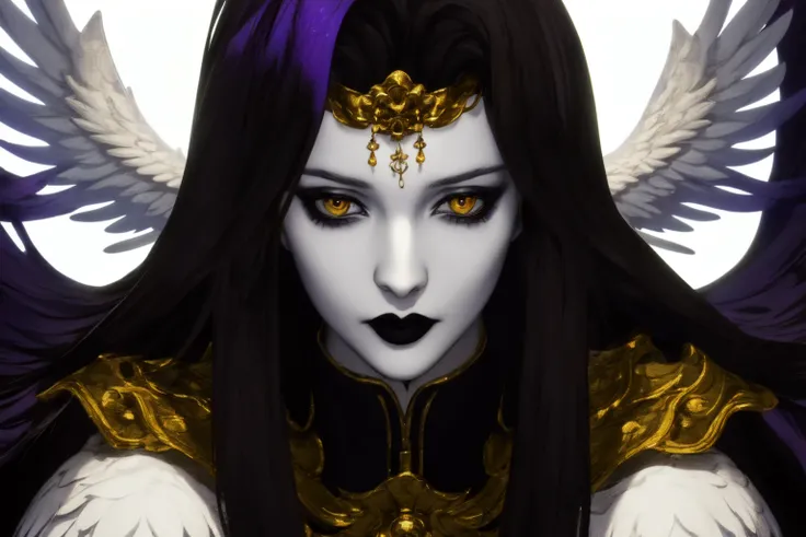 <lora:Endsinger_FFXIV:1> Endsinger, (masterpiece, best quality, ultra-detailed, highres), perfect face, sidelighting, lustrous skin,(bloom), (shine), lighting, ray tracing, sci-fi,1girl, black lips, wings, head wings, solo, black hair, long hair, purple lips, feathered wings, looking at viewer, colored skin, white skin, portrait, skull, multiple wings, yellow eyes, hair intakes, pale skin, makeup, headpiece, depth_of_field,very detailed background, highly detailed background, Masterpiece, Ultra detailed, great composition,Dynamic angle,extremely delicate and beautiful,(Highest picture quality), (Master's work), depth of field, solo, extreme light and shadow, masterpiece, rich in detail, (fine features), (highest quality), (masterpiece), (detailed eyes), (beautiful) detailed,beautiful detailed eyes,(straight-on), upper body, cyberpunk:1, flower petals falling, (extremely detailed CG unity 8k wallpaper),(masterpiece), (best quality), (ultra-detailed), (best illustration),(best shadow),perfect lighting , perfect anatomy , vivid colors, (masterpiece),