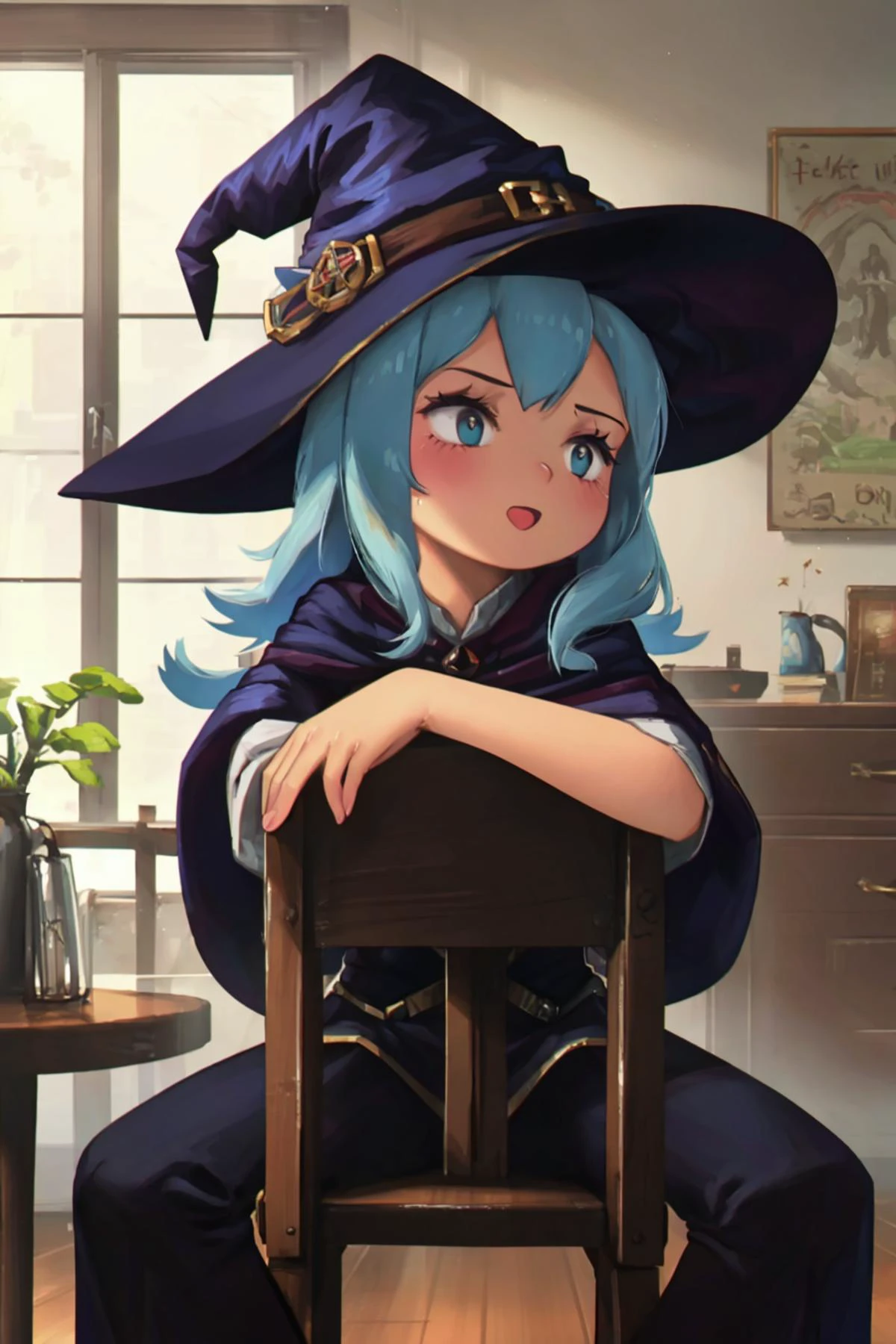 <lora:aki:1>1girl, sitting,witch, <lora:Concept_StraddlingChair-Front_1.1:0.8> straddling chair, <lora:GoodHands-vanilla:1> perfect hands, (masterpiece, best quality)
