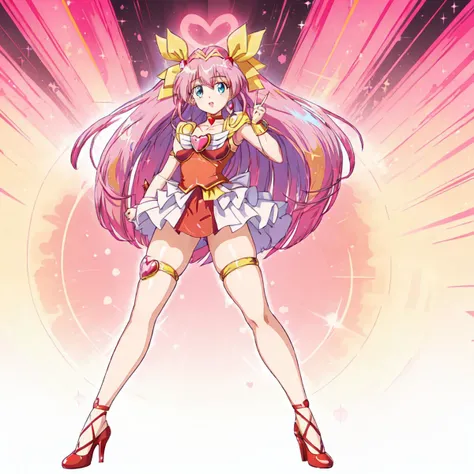 <lora:Momoko_Hanasaki-10:1>outdoor,Masterpeace,high quality,Momoko_Hanasaki, 1girl, solo, long hair, blue eyes, jewelry, hair ribbon, pink hair, shoes, choker, miniskirt, high heels, red skirt, magical girl, yellow bow, red thighlet, heart brooch,bare legs,full body,standing,hand on hip