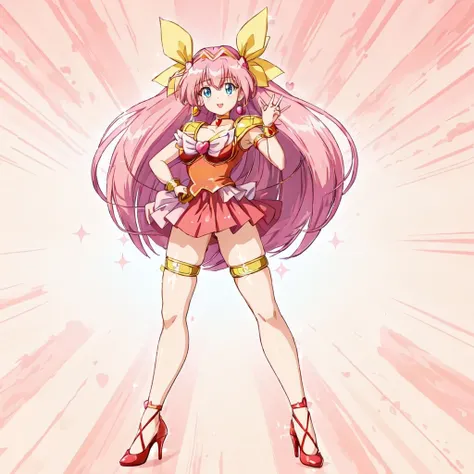 <lora:Momoko_Hanasaki-10:1>outdoor,Masterpeace,high quality,Momoko_Hanasaki, 1girl, solo, long hair, blue eyes, jewelry, hair ribbon, pink hair, shoes, choker, miniskirt, high heels, red skirt, magical girl, yellow bow, red thighlet, heart brooch,bare legs,full body,Attention