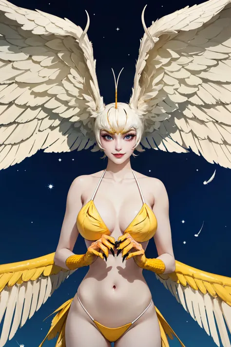 (front face),(squatting),(((best quality))), ((ultra-detailed)), ((illustration)),((open legs)),
(face front),((( masterpiece))), ultra high res, realistic, photo-realistic, soft lighting, 8k, ray photo, puffy eyes,(big eyes;1.2),detail eyes, [aegyo sal], breasts,  physically-based rendering,professional lighting, photon mapping, (high detailed skin:1.4),(short hair),white hair,(((smiling))),((Grinning)),(outdoors),1girl, solo, from below, looking down,
<lora:aiGRAVENAKO_v10:0.3> <lora:enako_v2:0.3>,
<lora:ShinyOiledSkin_v20-LyCORIS:1> shiny skin,
<lora:sirenV1:1>,siren, wings growing out of head, (claws), monster_girl, antennae, feathers, (huge_head_wings:1.3), (nude, realistic feathers:1.5), night,