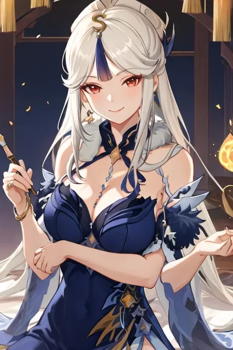 best quality, masterpiece, highres, solo, {ningguang_genshin:1.15}, hair_ornament, long_hair, bangs, white_hair, red_eyes, parted_bangs, tassel, breasts, smile, hairpin, sidelocks, hair_stick, very_long_hair, large_breasts, 1girl, looking_at_viewer, portrait, fur_collar, bare_shoulders, dress, fur_trim, chinese_clothes, closed_mouth