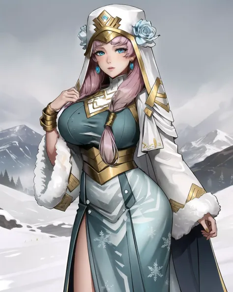 1girl, snowy landscape, large breasts, standing, <lora:gunnthra-08:0.7> detailed face, detailed eyes, clear eyes, twintails
gunnthra, long sleeves, dress, jewelry, earrings, wide sleeves, fur trim, blue dress, flower, hat, veil, feather trim