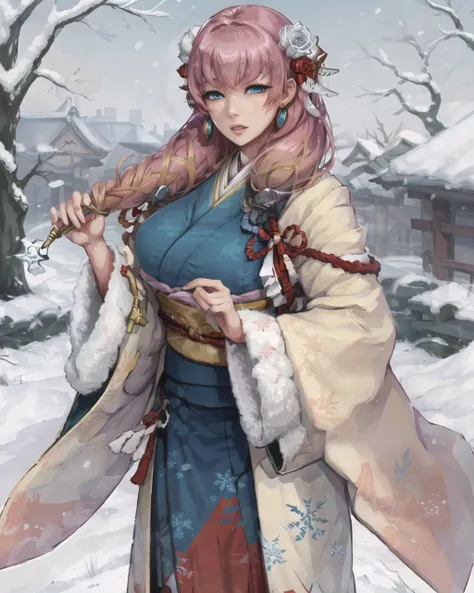 1girl, snowy landscape,  large breasts, standing, <lora:gunnthra-08:0.7> detailed face, detailed eyes, clear eyes, twintails
gunnthrawinter, long sleeves,  jewelry,  flower, earrings, japanese clothes, wide sleeves, sash, fur trim, obi, blue kimono, snowflake print