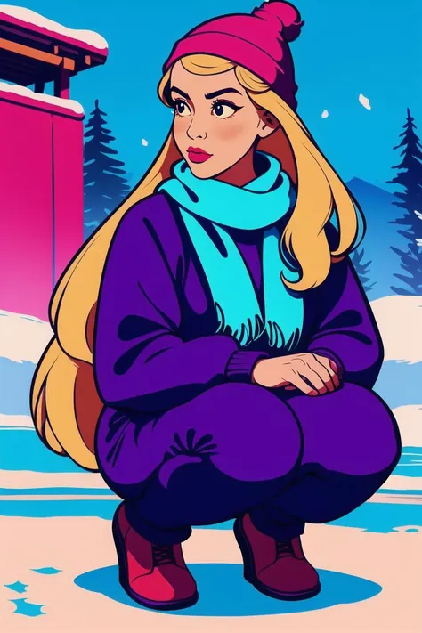 girl,prettify,blonde,straight hair, long hair,squatting,street,winter hat,scarf,snow ,(masterpiece:1.4) <lora:pop:0.5>
