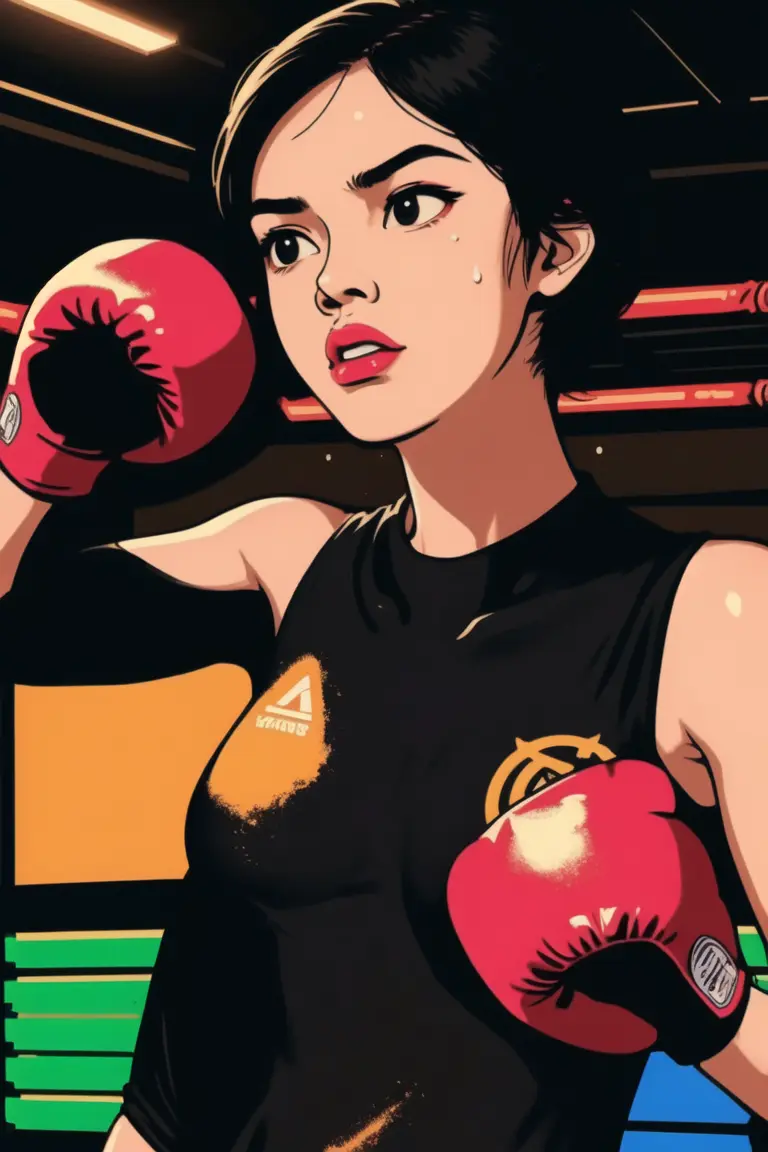 girl,serious,focused,sweating,dodging,hotify,very short black hair,boxer,boxing gloves,sweat,training,indoors,punching ,(masterpiece:1.4) <lora:pop:0.6>