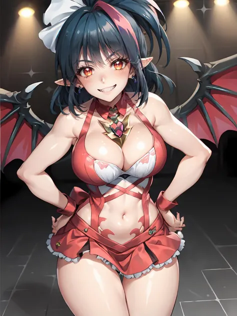 (extremely detailed CG), (best quality), perfect face, shiny skin, lustrous skin,wide hips,   1girl,solo ,   <lora:MillaarcSympho-10:0.8> MillaarcSympho, fangs,open clothes,jewelry, cleavage , sharp fingernails, pink dress, nail polish, sleeveless dress, sleeveless orange eyes,red eyes, long fingernails ponytail,navel, wings, bat wings, blue hair, multicolored hair, pointy ears, vampire, hands on hips, evil grin,