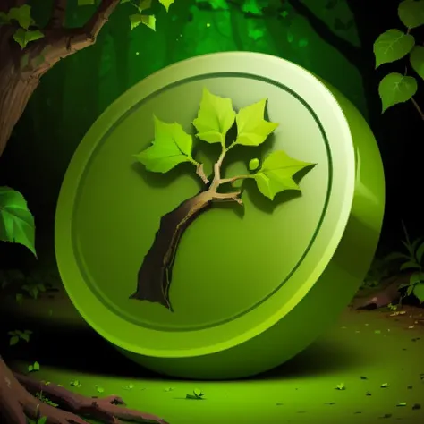 ((masterpiece,best quality)), <lora:FantasyIcons_Coins:0.8>, green coin, glowing, nature, tree symbol, leaves, ivy, shiny metal
