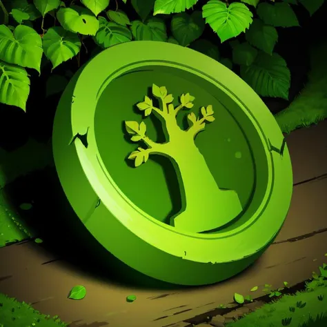 ((masterpiece,best quality)), absurdres, <lora:FantasyIcons_Coins:0.8>, green coin, glowing, nature, tree symbol, leaves, ivy