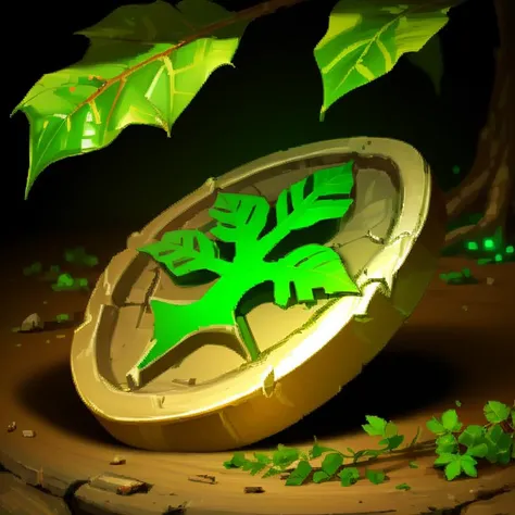 ((masterpiece,best quality)), <lora:FantasyIcons_Coins:0.8>, green coin, glowing, nature, tree symbol, leaves, ivy, shiny metal