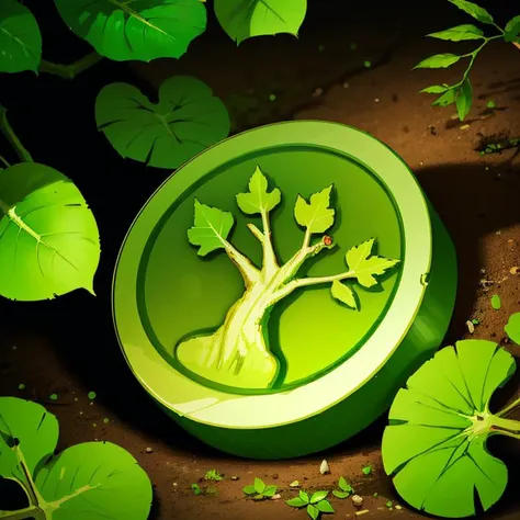 ((masterpiece,best quality)), absurdres, <lora:FantasyIcons_Coins:0.8>, green coin, glowing, nature, tree symbol, leaves, ivy