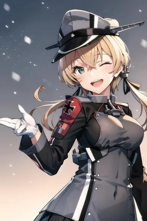 masterpiece, best quality,
1girl, solo,
upper_body, snowing, overcast, wind, standing,
<lora:prinzEugenKancolle_v10:0.9>prinz eugen/(kancolle/), green eyes, short hair,
anchor hair ornament, military uniform, iron cross, long sleeves, white gloves, black skirt, pleated skirt, miniskirt, kneehighs, peaked cap, hat ornament,
<lora:shizuma_lora_v1-000016:0.8>
smile, one eye closed, open mouth