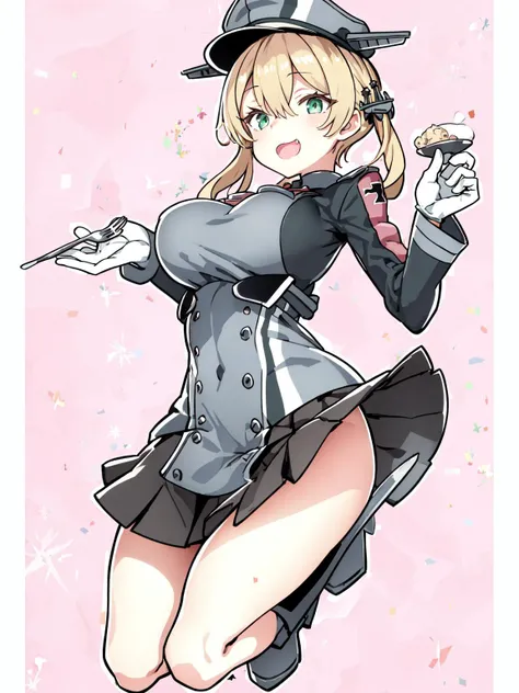 prinz eugen \(kancolle\), <lora:PrinzEugenFullTag1-000007:0.8>, green eyes, short hair, anchor hair ornament, peaked cap, hat ornament, military uniform, iron cross, long sleeves, white gloves, black skirt, pleated skirt, miniskirt, kneehighs, boots, large breasts, masterpiece, best quality, highres, <lora:standingFullBodyWithBackgroundStyle_v10Offset:1>, pudding on plate, spoon, fork sweets, full body, (pink theme, pink background, white background:1.2), :D, eating, table, border, outside border, tachi-e,