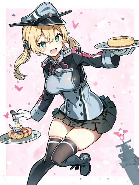 prinz eugen \(kancolle\), <lora:PrinzEugenFullTag1-000007:0.8>, green eyes, short hair, anchor hair ornament, peaked cap, hat ornament, military uniform, iron cross, long sleeves, white gloves, black skirt, pleated skirt, miniskirt, kneehighs, boots, large breasts, masterpiece, best quality, highres,  <lora:standingFullBodyWithBackgroundStyle_v10Offset:1>, pudding on plate, spoon, fork,  donuts on background,  sweets on background, feet out of frame,  (pink theme, pink background, white background:1.2), :D, eating, table,  border, outside border, tachi-e,