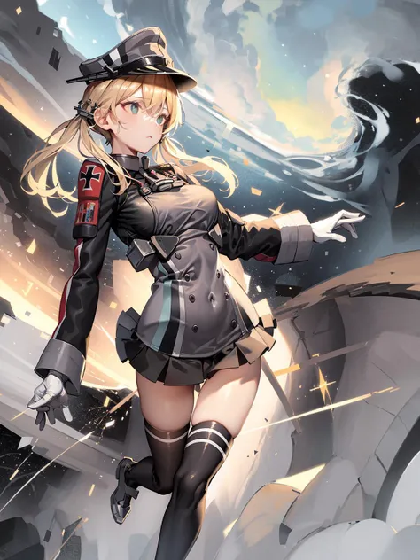 prinz eugen \(kancolle\), peaked cap, gloves, uniform, white gloves, kneehighs, anchor hair ornament, military, black skirt, pleated skirt, iron cross, military uniform, over-kneehighs, black thighhighs, long sleeves, microskirt, low twintails, green eyes, breasts, military hat, miniskirt, short hair, <lora:PrinzEugenFullTag1-000007:1>  <lora:pastelMixStylizedAnime_pastelMixLoraVersion:0.5>, masterpiece, best quality, highres, absurdres,, expressionless, beautiful detailed sky, starry Nebula,(starry tornado:1.4), dynamic angle,(solo), (1girl:1.2), beautiful detailed eyes, ((disheveled hair)), ((illustration)), ((ultra-detailed))