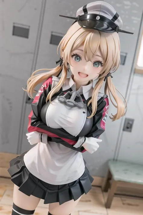 1 girl, (view from above), (cowboy shot:1.2), (looking at viewer), (locker room:1.4), cute, (prinz eugen \(kancolle\):1.2), green eyes, anchor hair ornament, peaked cap, hat ornament, military uniform, iron cross, long sleeves, white gloves, black skirt, pleated skirt, miniskirt, kneehighs, boots, :D, (oppai), crossing arms to emphasize the chest, (she is bending forward at viewer:1.4)
<lora:popupparade:1> <lora:fufu:0.2> <lora:PrinzEugenFullTag1:0.7> <lora:locker_room_v0.1:0.5>