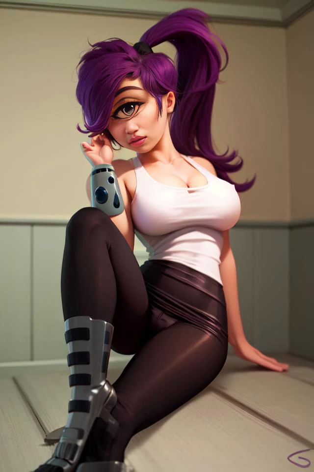 (masterpiece, best quality:1.2), <lora:turanga_leela:0.9>, turanga leela, 1girl, solo, breasts, purple hair, ponytail, large breasts, long hair, pants, tank top, makeup, cleavage, lipstick, toned, ((cyclops)), black pants, lips, white tank top, bare shoulders, ((one-eyed)), looking at viewer, posing suggestively, nsfw, ripped shirt,