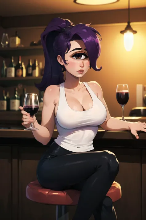 (masterpiece, best quality:1.2),  <lora:turanga_leela:.9>, turanga leela, 1girl, solo, breasts, purple hair, ponytail, large breasts, long hair, pants, tank top, makeup, cleavage, lipstick, toned, ((cyclops)), black pants, lips, white tank top, bare shoulders, ((one-eyed)), cup, sitting, alcohol, wine, looking at viewer, half-closed eyes, table, side slit, closed mouth, drunk, bar \(place\), blurry, stool, light particles, indoors,