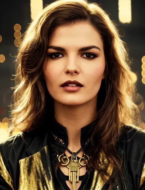 facial portrait, a woman, black and gold, cyberpunk <lora:Jeanne Tripplehorn :0.8>