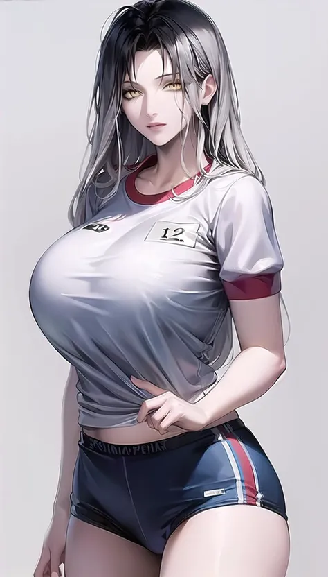 grey hair, yellow eyes,
(gym uniformï¼1.28),
lady,mature female, cowboy shot,
(white background,simple background:1.18),
highres,official art,original,masterpiece,best quality,
huge breasts,
<lora:Angell2:0.8>