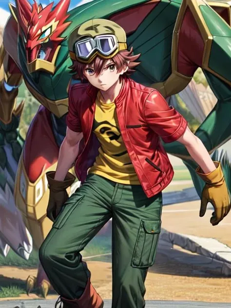 best quality, masterpiece, highres, detailed, perfect anatomy, <lora:Detail - add_detail:0.2>, 1boy, TakuyaKan, hat, goggles on hat, red jacket, pants, park, outside, holding digivice, sci-fi feel, evolving, <lora:TakuyaKan-10:0.8>, gloves, green hat, green gloves, brown eyes, yellow shirt, digimon, digimon \(creature\), beast,