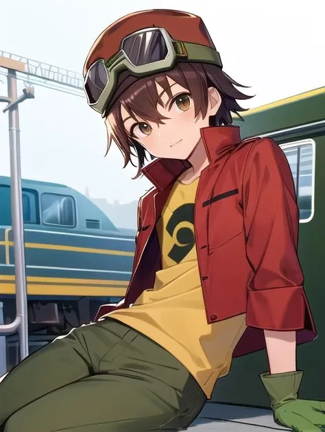best quality, masterpiece, highres, detailed, perfect anatomy,  <lora:Detail - add_detail:0.2>, 1boy, TakuyaKan, hat, goggles on hat, red jacket, pants, sitting on top of train,  <lora:TakuyaKan-10:0.8>, gloves, green hat, green gloves, brown eyes,
