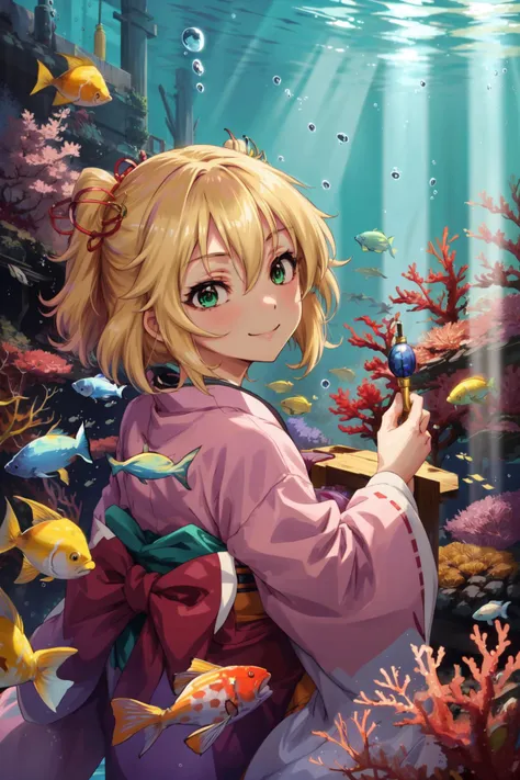 masterpiece,best quality,1girl,Sakurai Momoka,blonde hair,green eyes,OtohimeCh,hair rings,tied hair,hagoromo,Japanese clothes,underwater,bubble,japanese palace,coral,fish,smile,<lora:OtohimeCh:0.7>,<lora:u149-v4.0:0.9>,