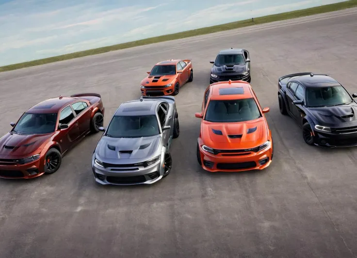 group of chargerhellcatsrt in different colors driving together,
<lora:ChargerHellcatSDXL:1>
