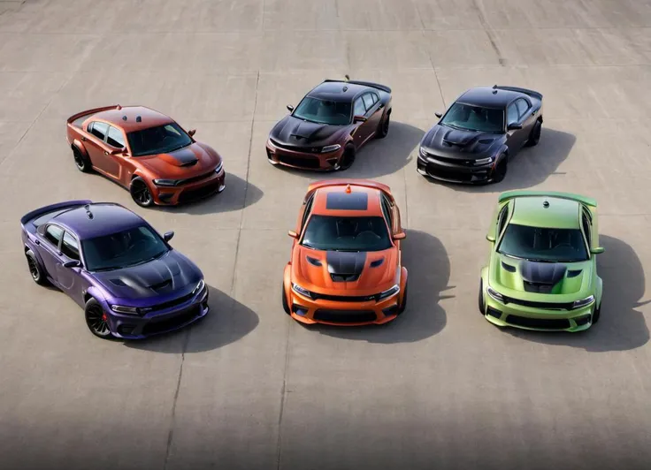 group of chargerhellcatsrt in different colors driving together,
 <lora:ChargerHellcatSDXL:1>