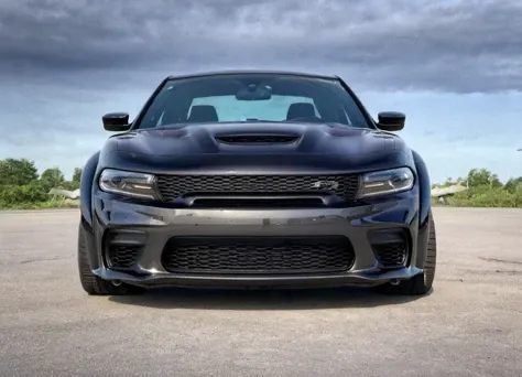 black chargerhellcatsrt, parked, front view,
 <lora:ChargerHellcatSDXL:1>