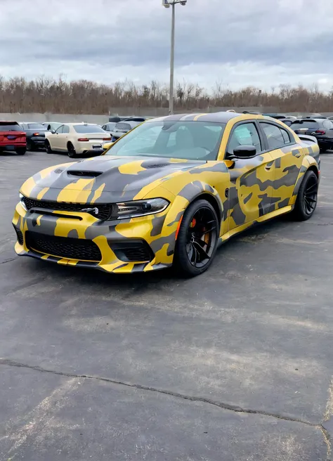 <lora:ChargerHellcatSDXL:0.8> chargerhellcatsrt, car in a parking lot, yellow, grey and brown camouflage paint,
