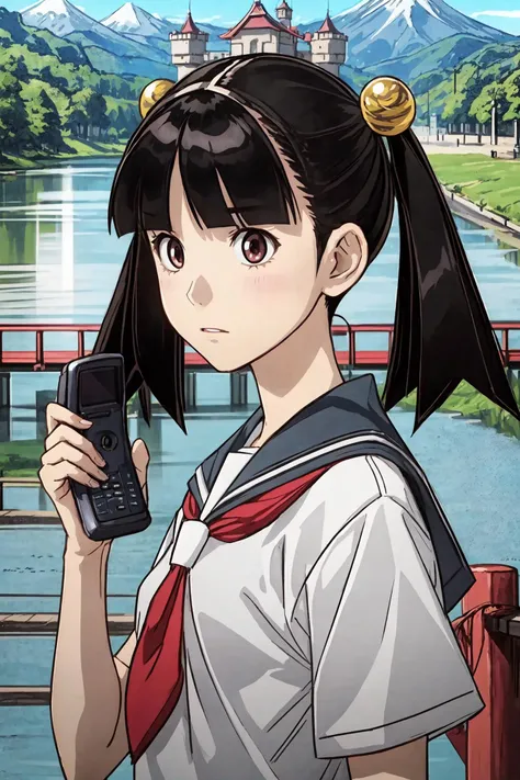 (masterpiece),(best quality), <lora:OtonashiMeru:0.75>, meru, alternative haircut, blunt bangs, hair bobbles, hair ornament, school uniform, short sleeves, flip phone, holding phone, upper body, on a bridge, close, outside, japanese castle far away, lake, persistent stare, mountains, best quality best quality, <lora:Adddetail:0.7>