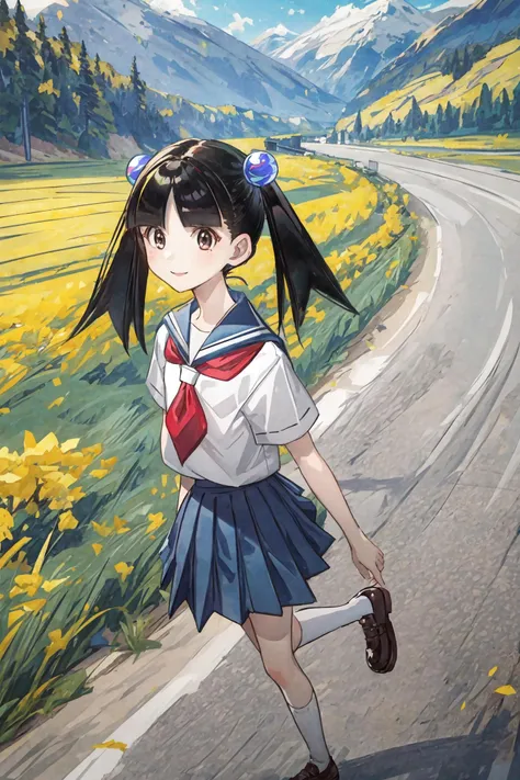 (masterpiece),(best quality), <lora:OtonashiMeru:0.85>,  meru, alternative haircut, blunt bangs, hair bobbles, hair ornament, school uniform, short sleeves, blue skirt, mary janes,  ((portrait)), country road, fields, river, mountain, sunlight, smile, walking, <lora:Adddetail:0.8>